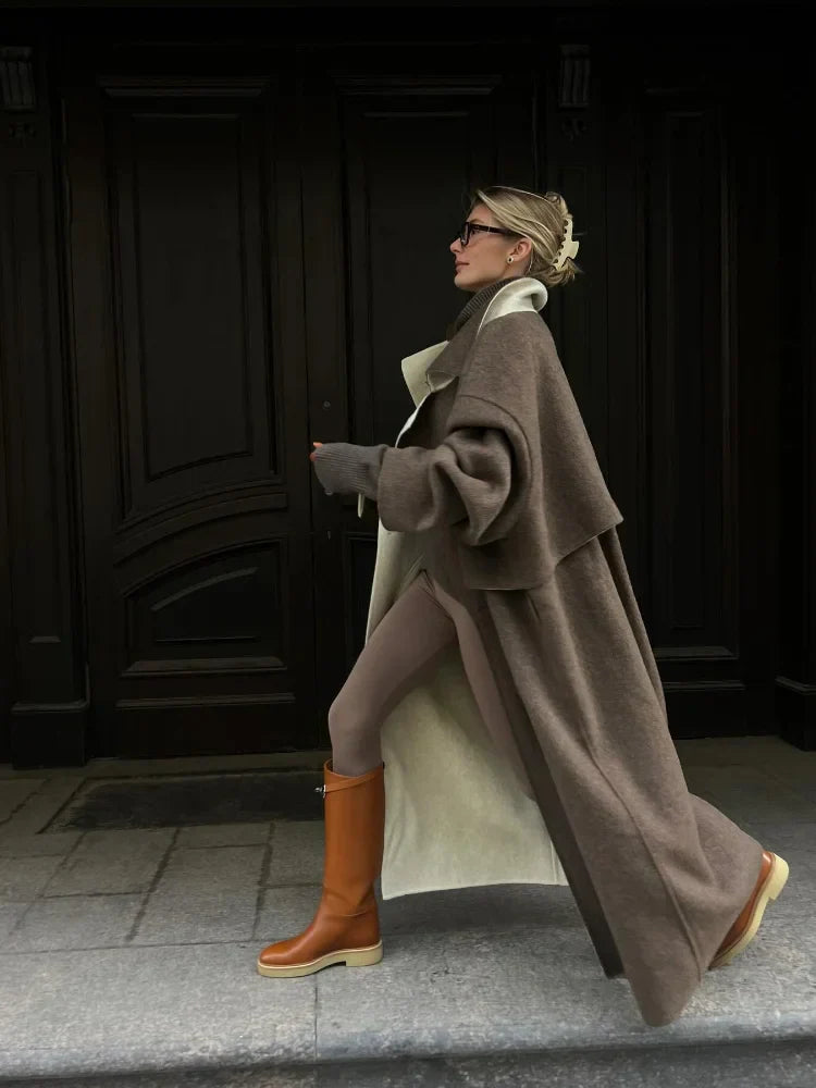 Lange wollen mantel - Bruin - Oversized - Trenchcoat Wol - Dames winterjassen & jacks-Boutique Moda