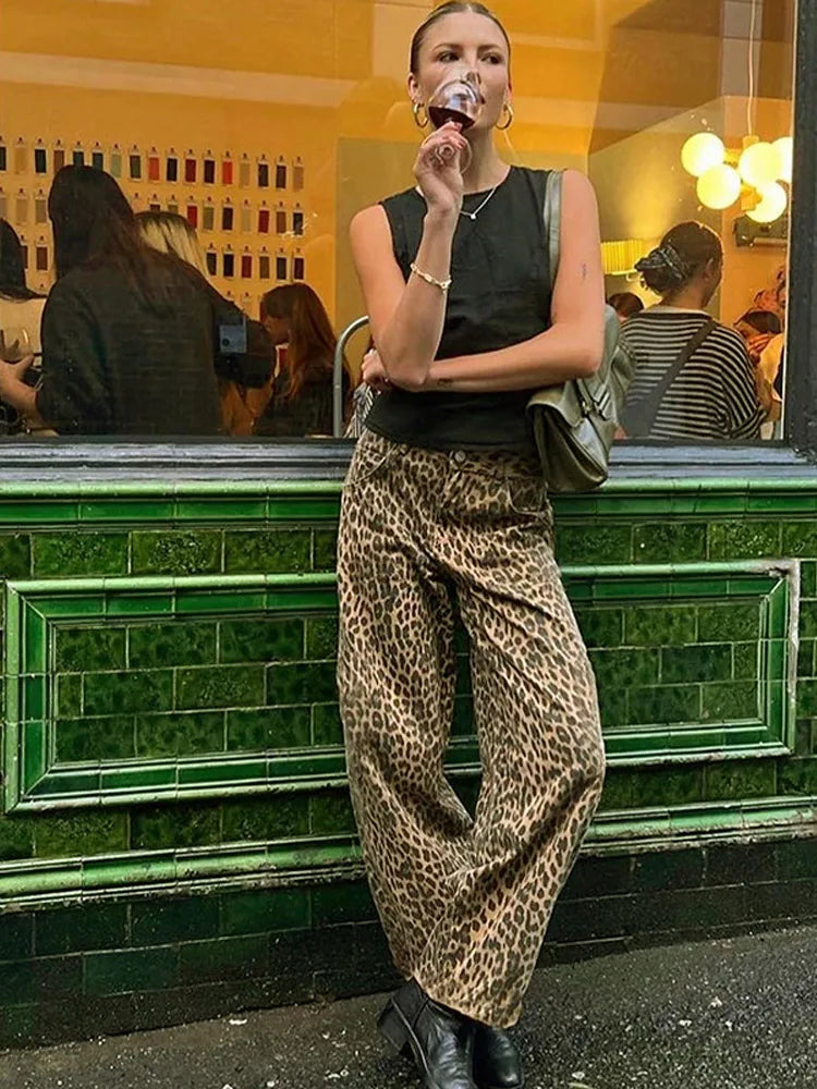 Leopard Jeans - Damesbroek met wijde pijpen en losse taille-Boutique Moda
