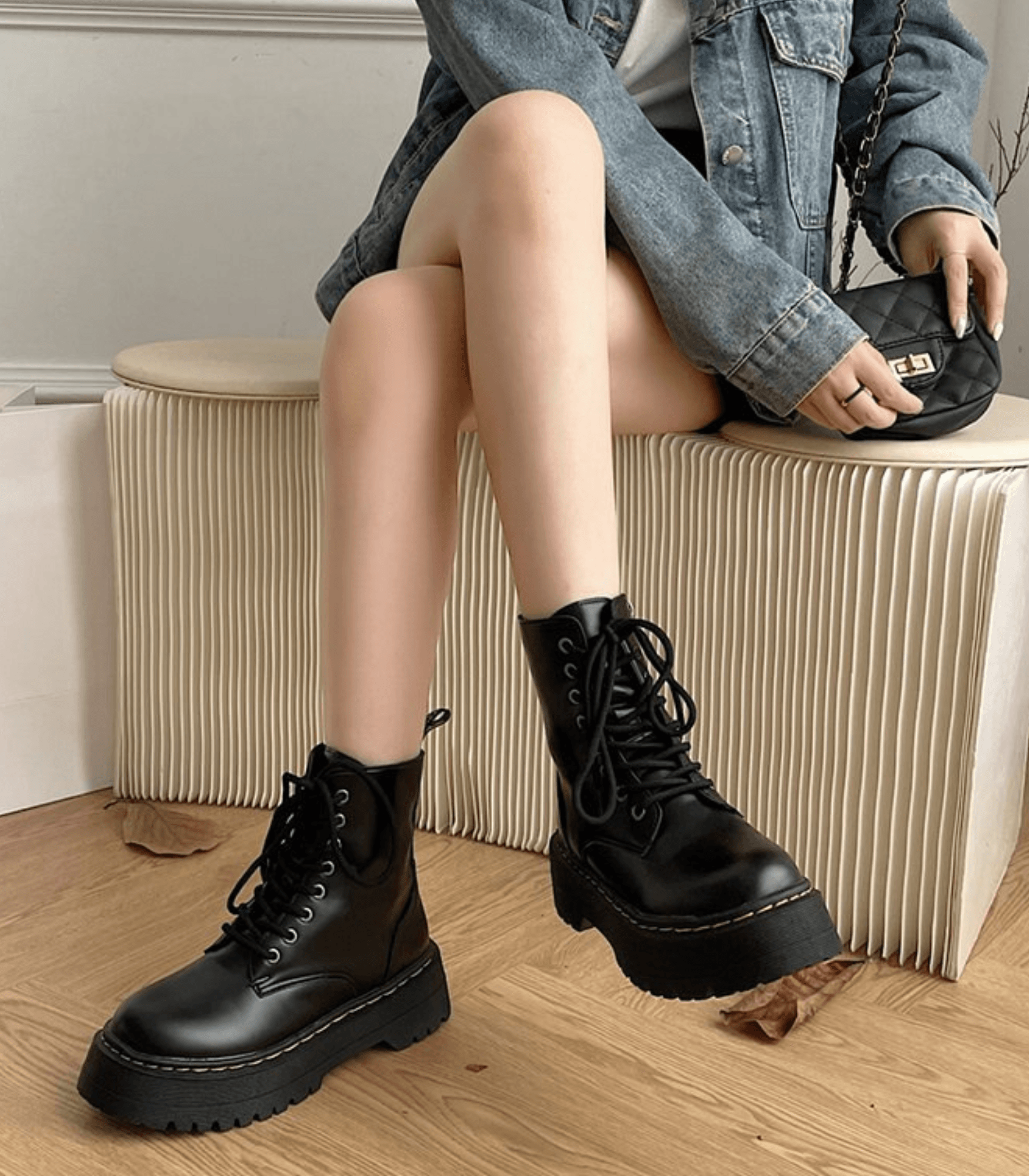 Leren Laarzen - Veterschoenen - Zwart - Chunky Laarzen - Dameslaarzen-Boutique Moda