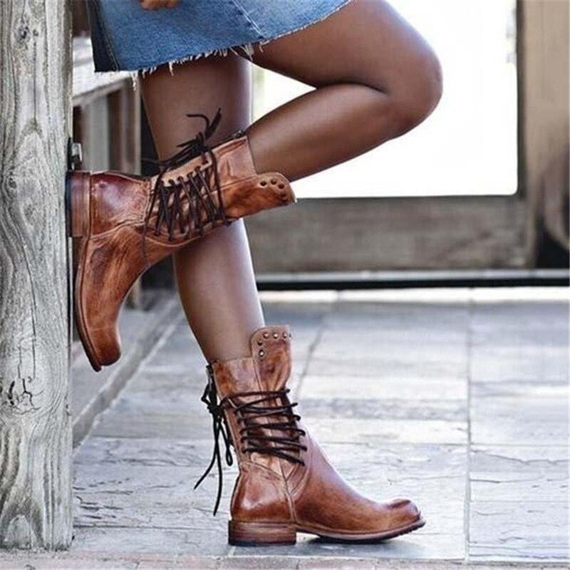 Leren laarzen | Vlakke boho-laarzen voor dames tot halverwege de kuit