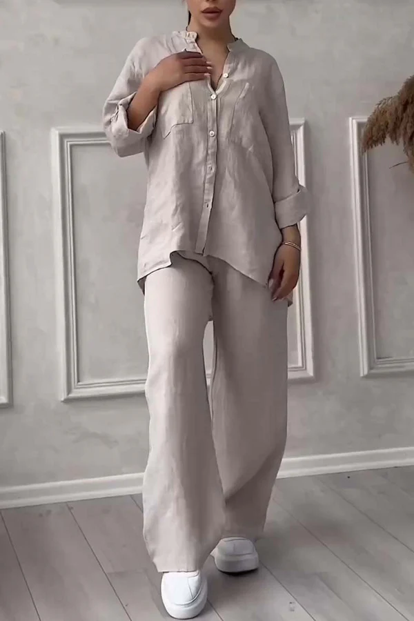 Linen Co-Ord Set | Button-Up | Wijde pijpen | Tweedelige set | Linnen shirt en broek dames-Boutique Moda