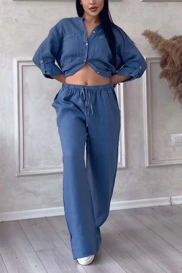 Linen Co-Ord Set | Button-Up | Wijde pijpen | Tweedelige set | Linnen shirt en broek dames-Boutique Moda