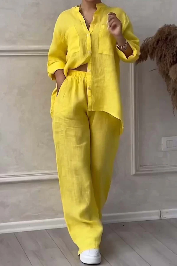 Linen Co-Ord Set | Button-Up | Wijde pijpen | Tweedelige set | Linnen shirt en broek dames-Boutique Moda