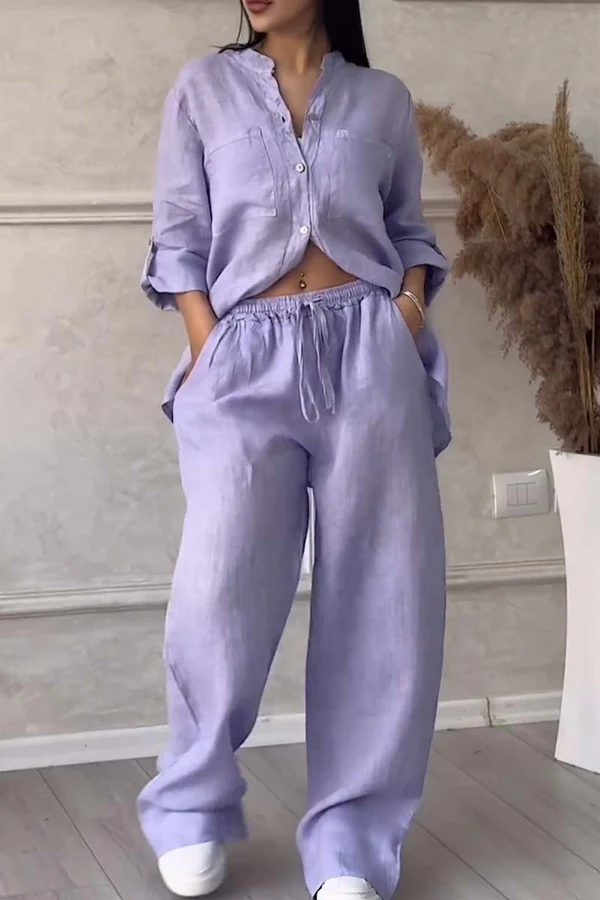 Linen Co-Ord Set | Button-Up | Wijde pijpen | Tweedelige set | Linnen shirt en broek dames-Boutique Moda