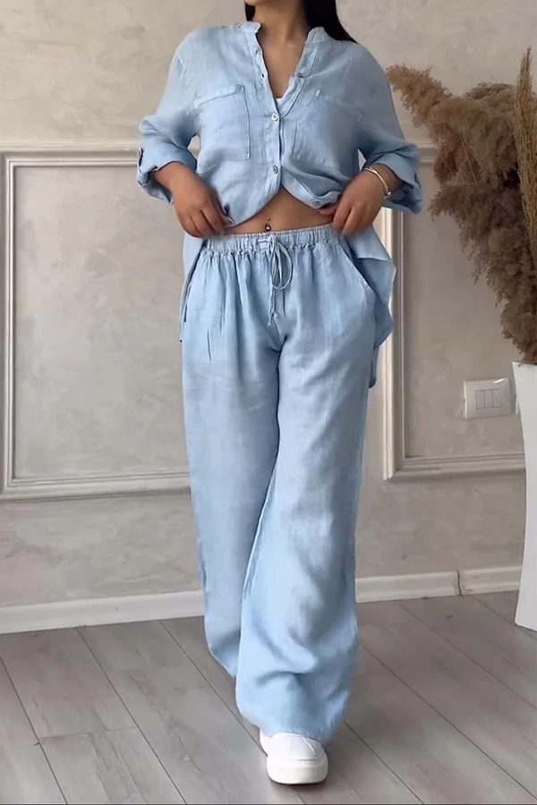 Linen Co-Ord Set | Button-Up | Wijde pijpen | Tweedelige set | Linnen shirt en broek dames-Boutique Moda