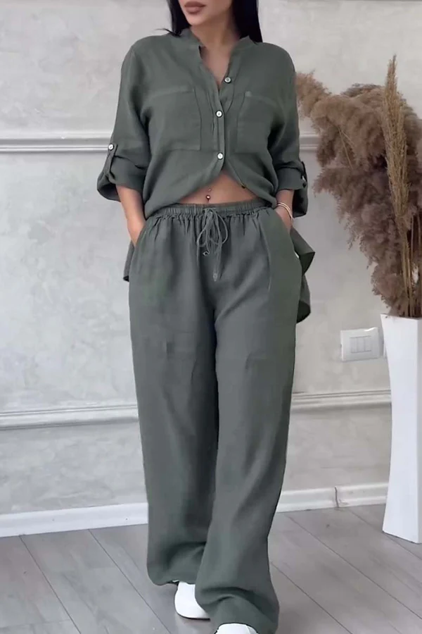 Linen Co-Ord Set | Button-Up | Wijde pijpen | Tweedelige set | Linnen shirt en broek dames-Boutique Moda