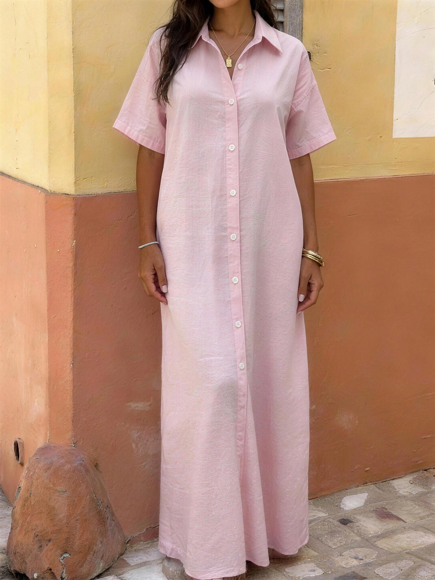 Linnen Overhemdjurk Dames – Maxi Jurk met Knoopsluiting & Lange Mouwen-Boutique Moda