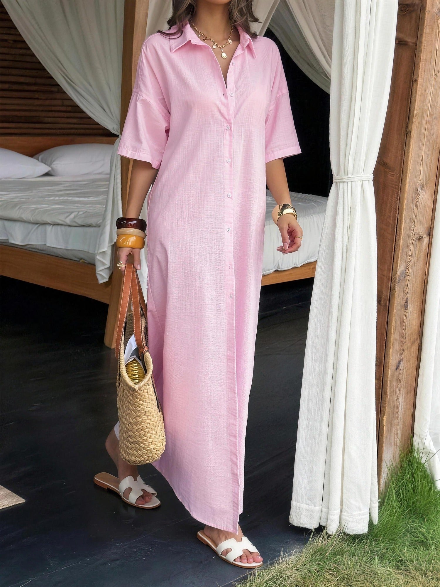 Linnen Overhemdjurk Dames – Maxi Jurk met Knoopsluiting & Lange Mouwen-Boutique Moda