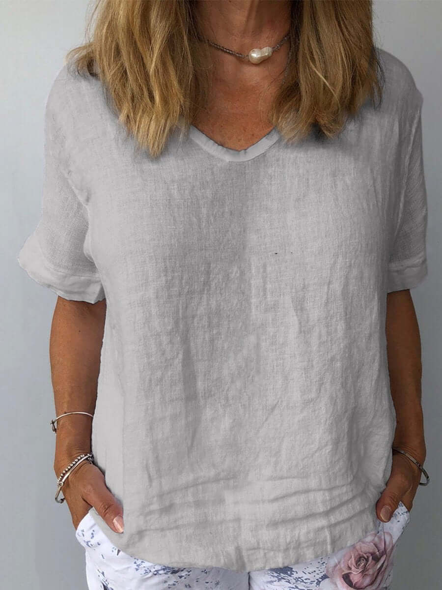 Linnen Top - Losjes Fit - Korte Mouw - Linnen Blouse - Dames T-shirt-Boutique Moda