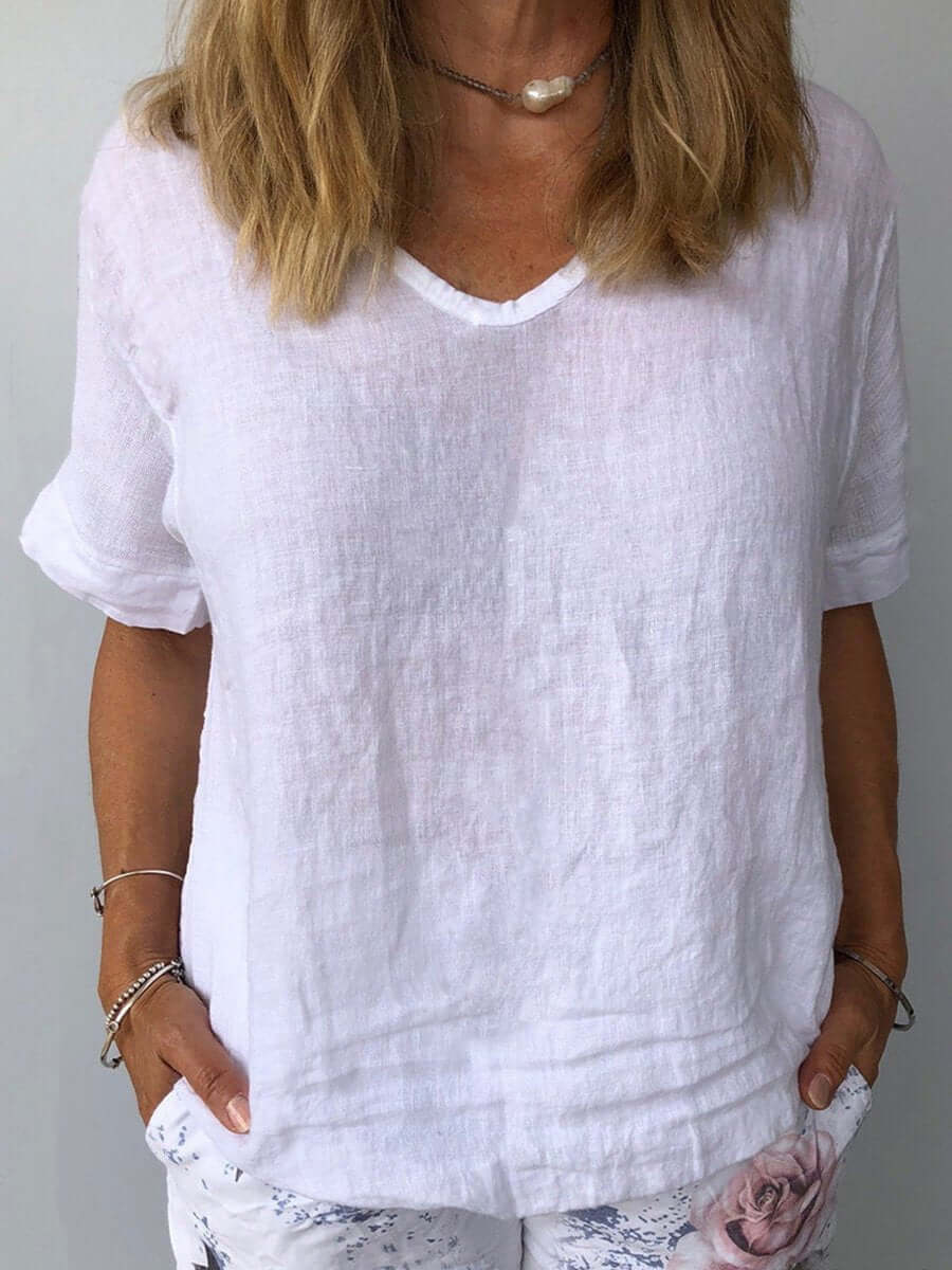 Linnen Top - Losjes Fit - Korte Mouw - Linnen Blouse - Dames T-shirt-Boutique Moda