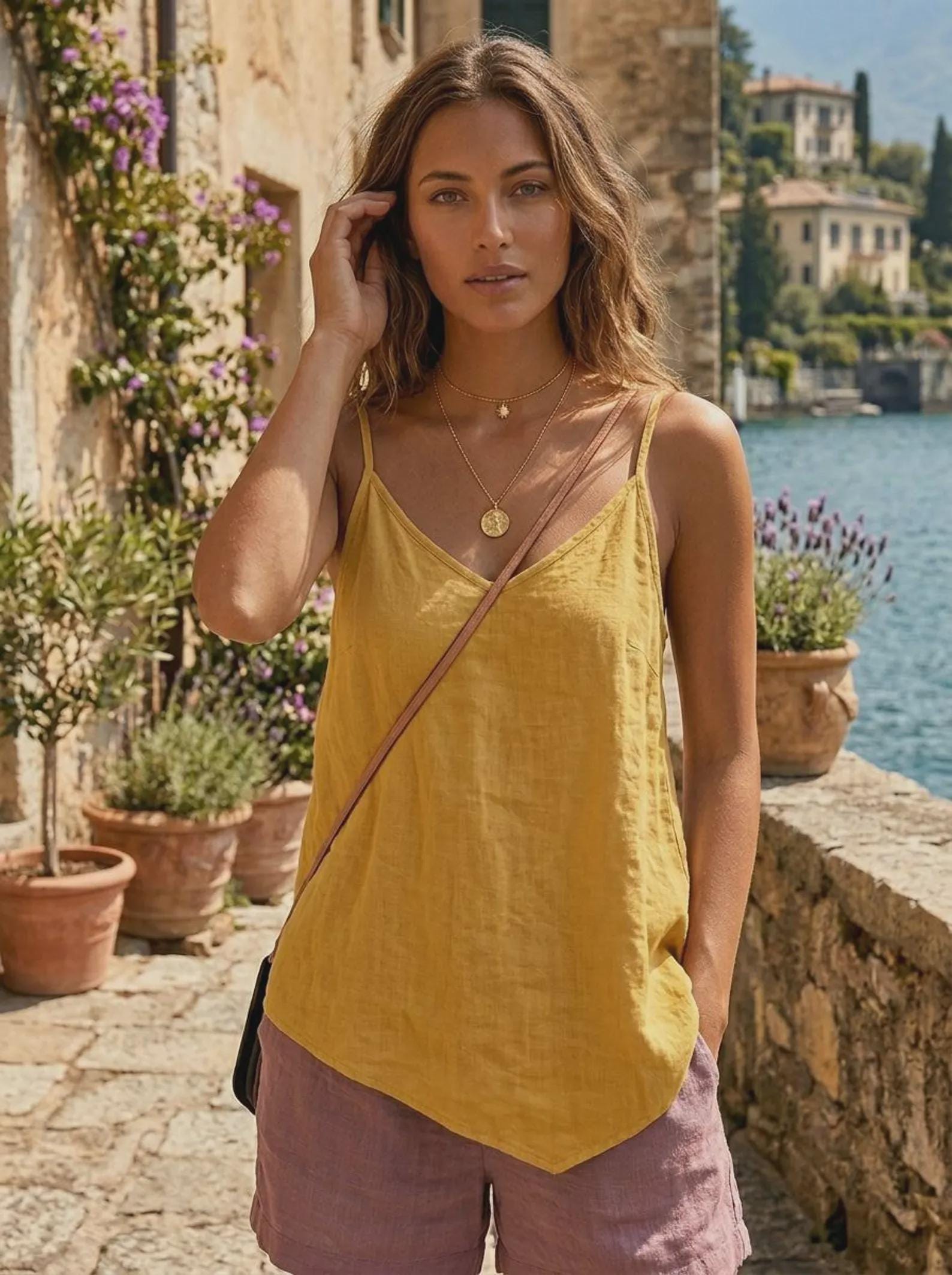 Linnen hemdje dames | Mouwloze zomertop met spaghettibandjes | V-hals-Boutique Moda