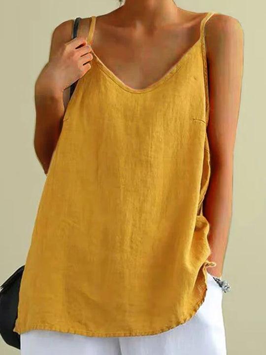 Linnen hemdje dames | Mouwloze zomertop met spaghettibandjes | V-hals-Boutique Moda