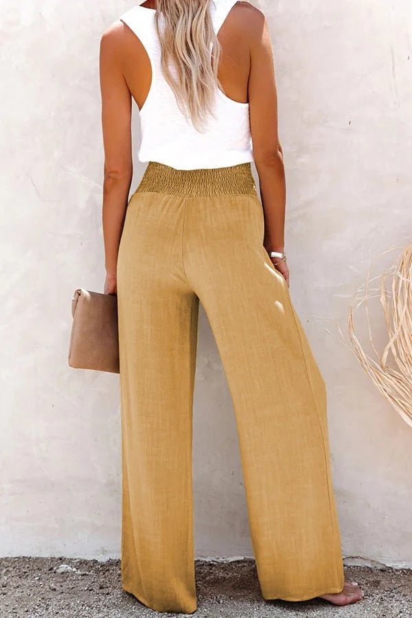 Linnen broek - Elastische taille - Hoge taille - Broek met wijde pijpen - Damesbroek-Boutique Moda