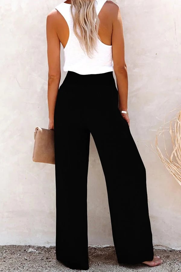 Linnen broek - Elastische taille - Hoge taille - Broek met wijde pijpen - Damesbroek-Boutique Moda