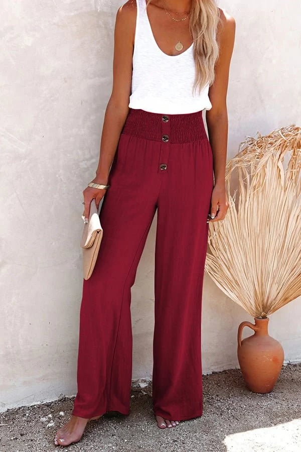 Linnen broek - Elastische taille - Hoge taille - Broek met wijde pijpen - Damesbroek-Boutique Moda