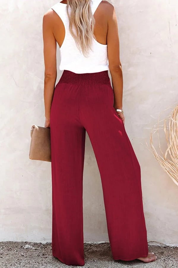 Linnen broek - Elastische taille - Hoge taille - Broek met wijde pijpen - Damesbroek-Boutique Moda