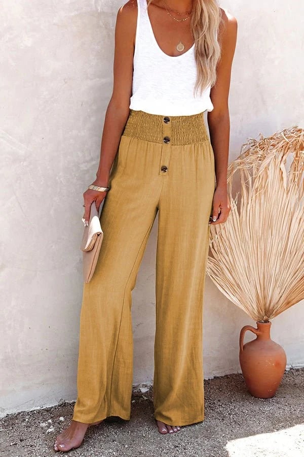 Linnen broek - Elastische taille - Hoge taille - Broek met wijde pijpen - Damesbroek-Boutique Moda