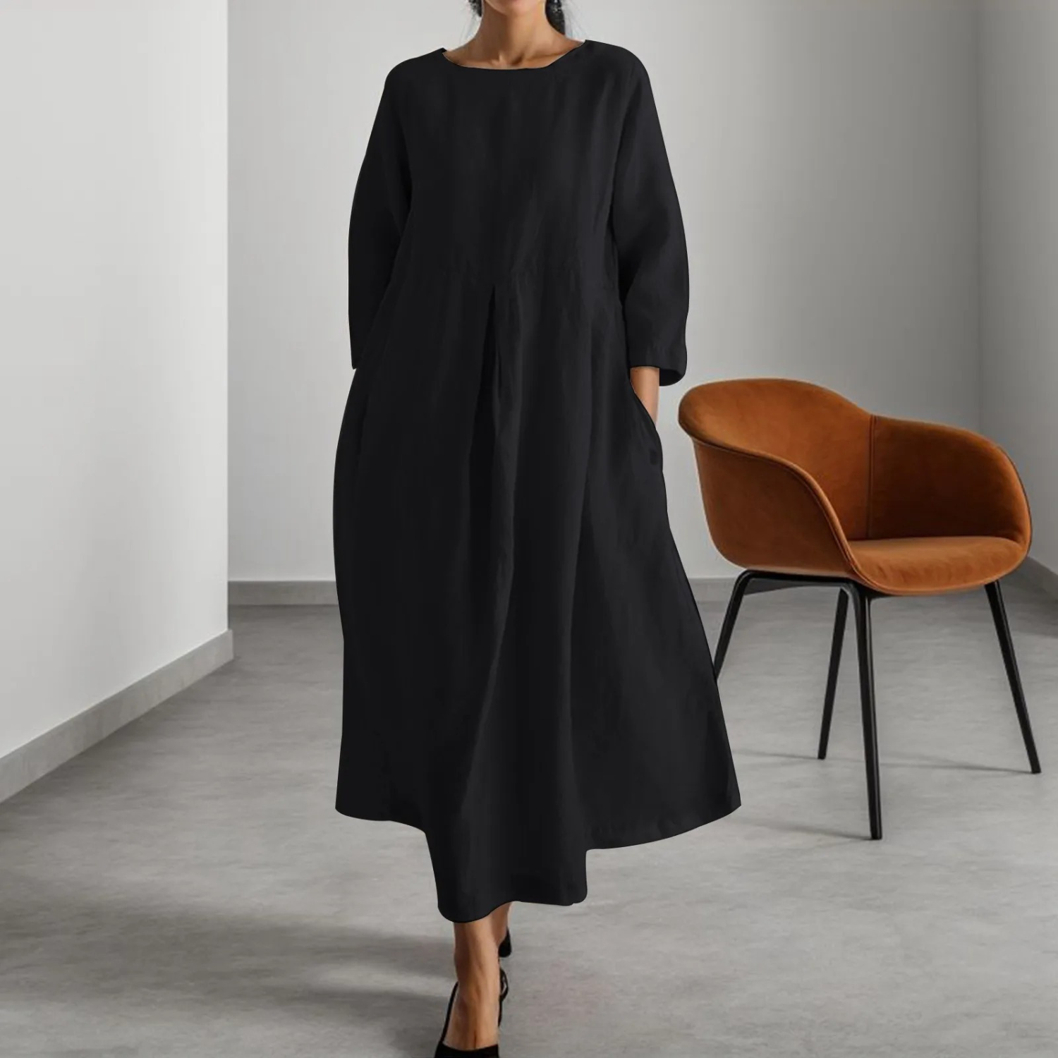 Linnen jurk - Long Sleeve Loose Fit Maxi Dress met zakken-Boutique Moda