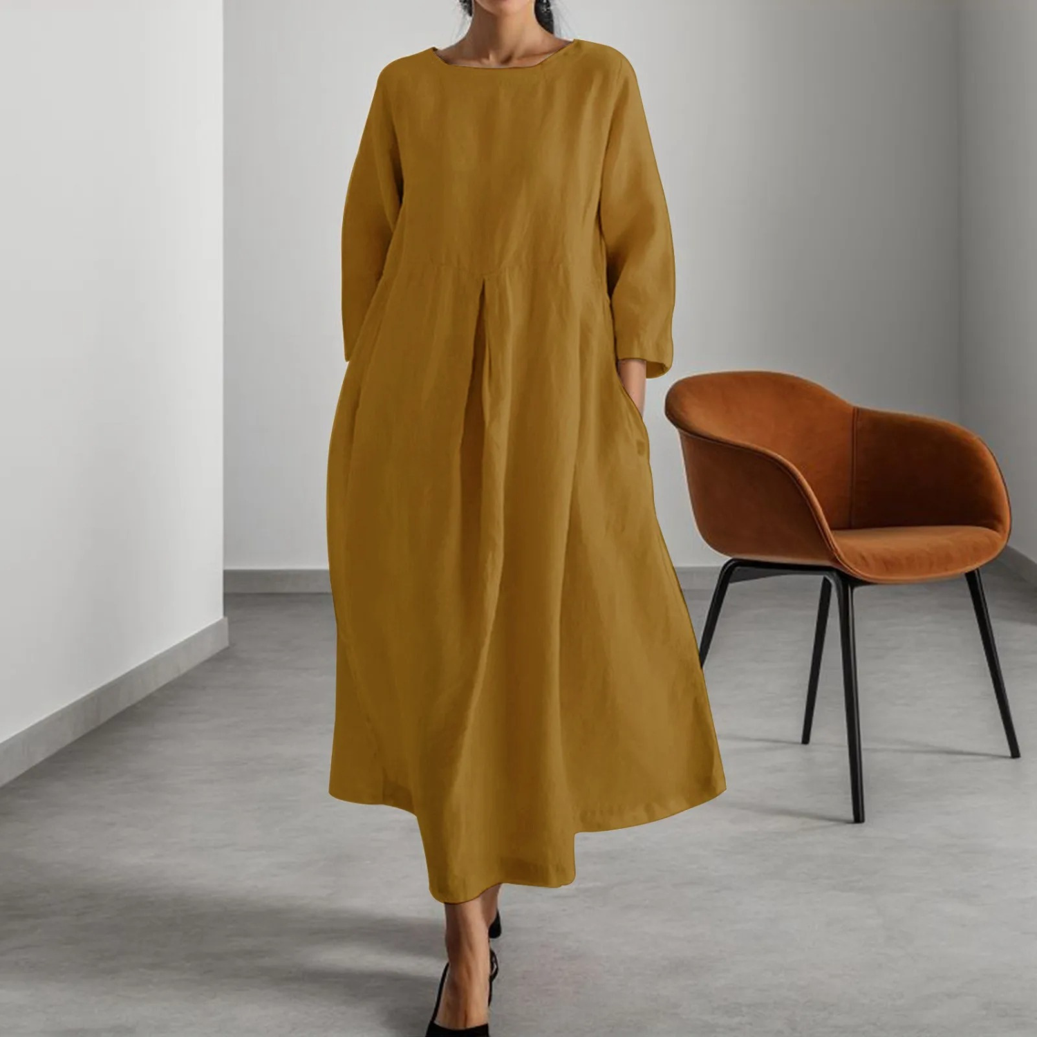 Linnen jurk - Long Sleeve Loose Fit Maxi Dress met zakken-Boutique Moda