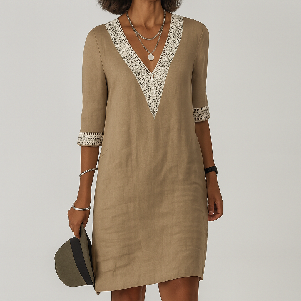 Linnen jurk - Losse pasvorm - V-hals - Knie-lengte jurk - Zomerjurk-Boutique Moda