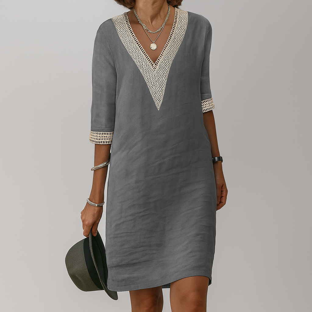 Linnen jurk - knielange zomerjurk met V-hals-Boutique Moda