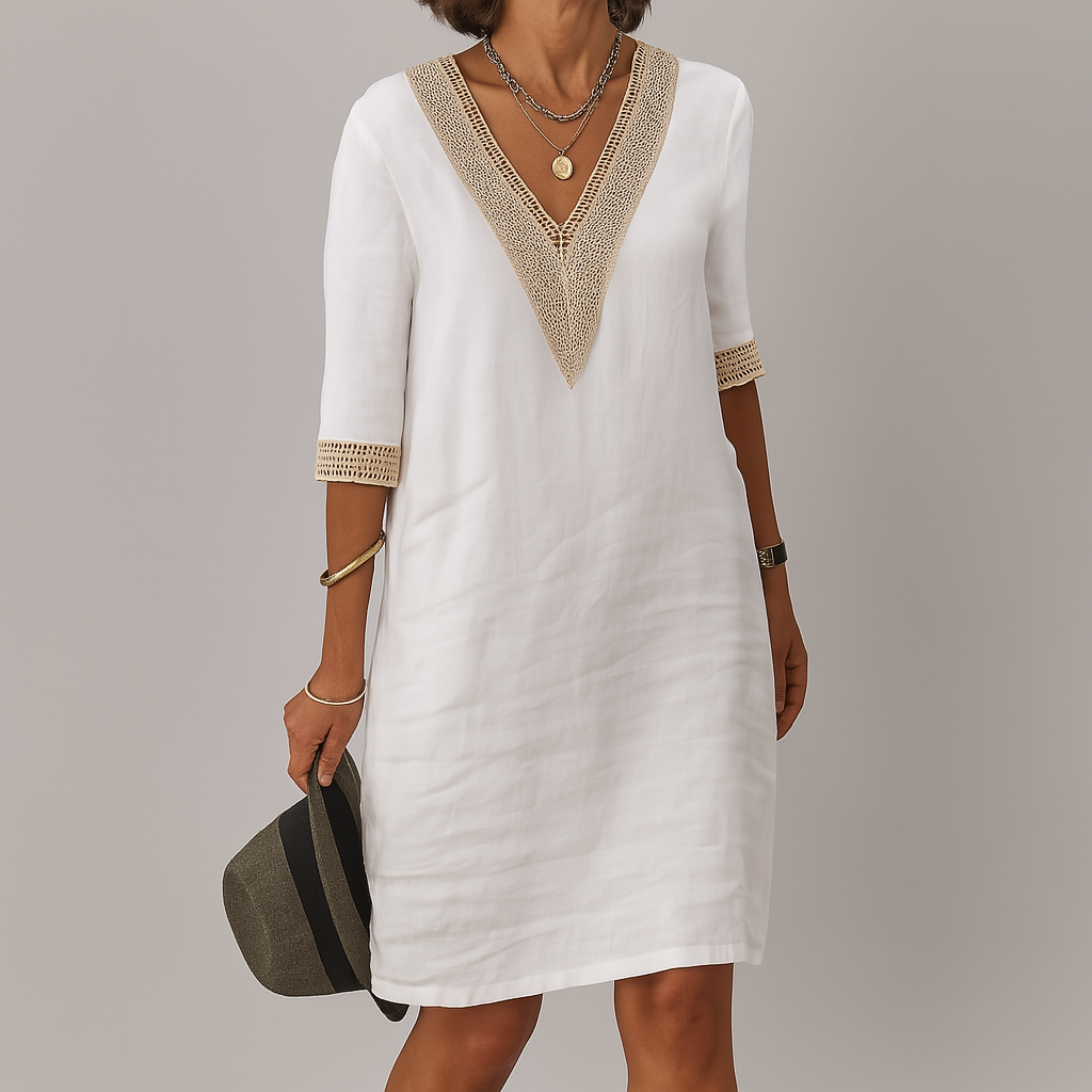 Linnen jurk - knielange zomerjurk met V-hals-Boutique Moda