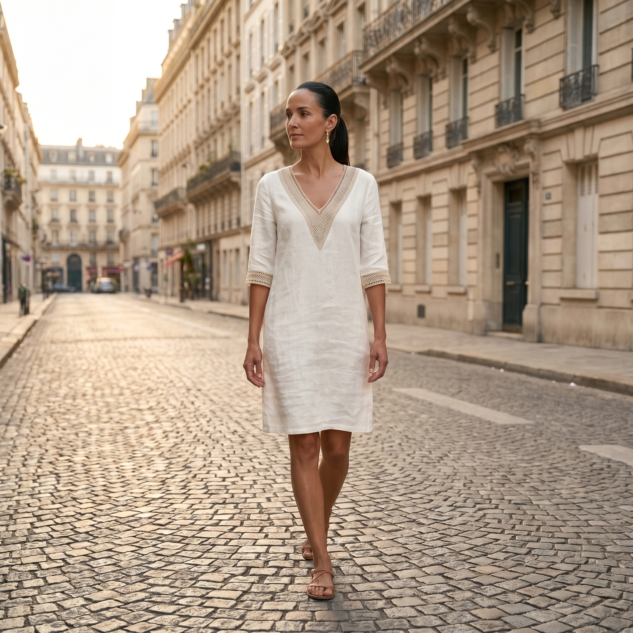 Linnen jurk - knielange zomerjurk met V-hals-Boutique Moda