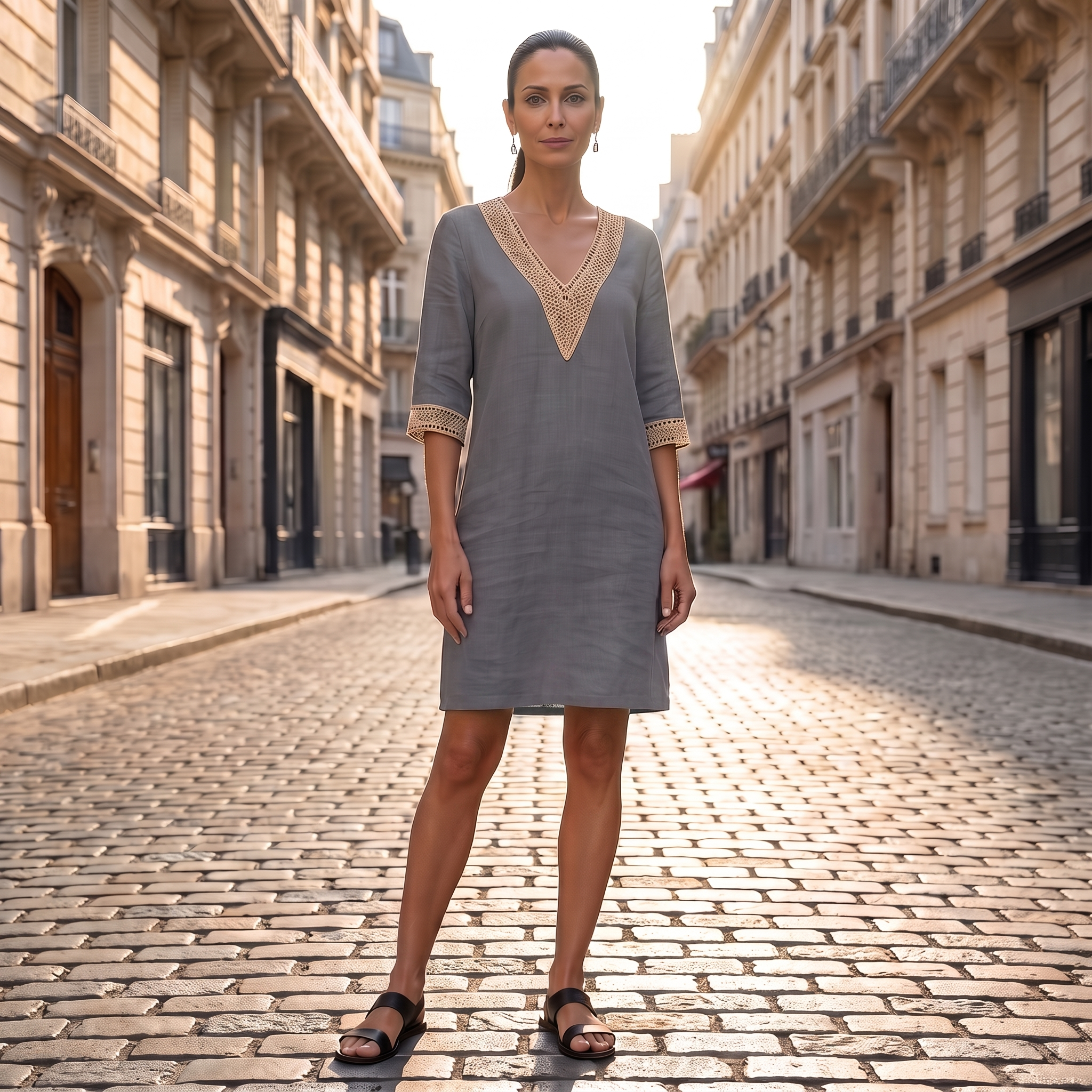 Linnen jurk - knielange zomerjurk met V-hals-Boutique Moda