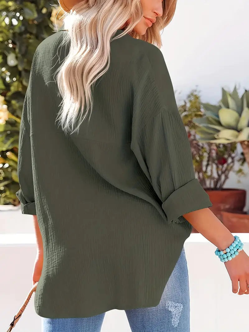 Linnen overhemd - Lange Mouw - Knoop Omlaag - Blouse - Losse pasvorm-Boutique Moda