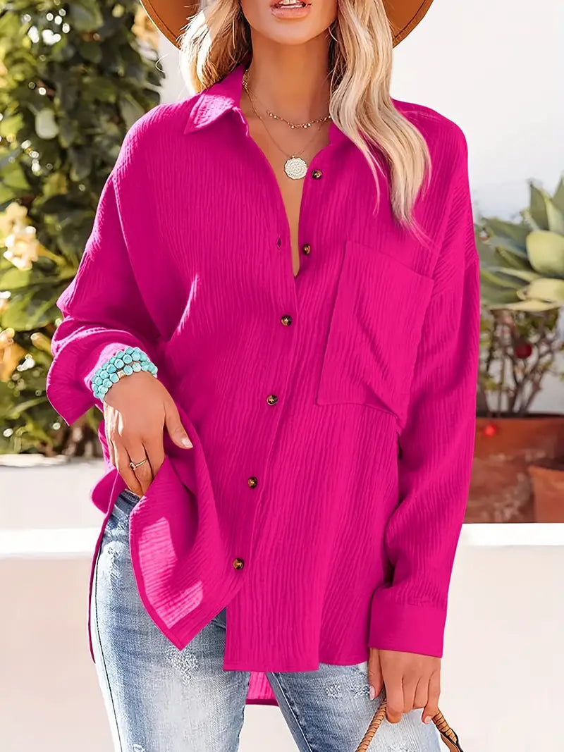 Linnen overhemd - Lange Mouw - Knoop Omlaag - Blouse - Losse pasvorm-Boutique Moda