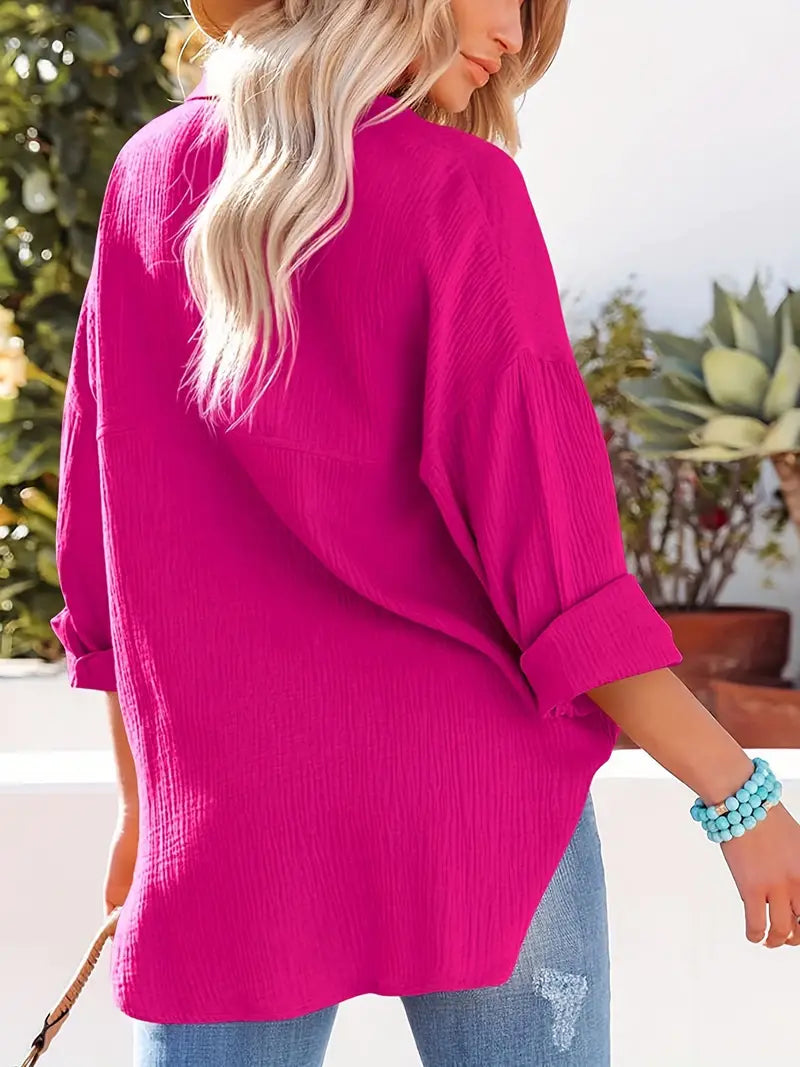 Linnen overhemd - Lange Mouw - Knoop Omlaag - Blouse - Losse pasvorm-Boutique Moda