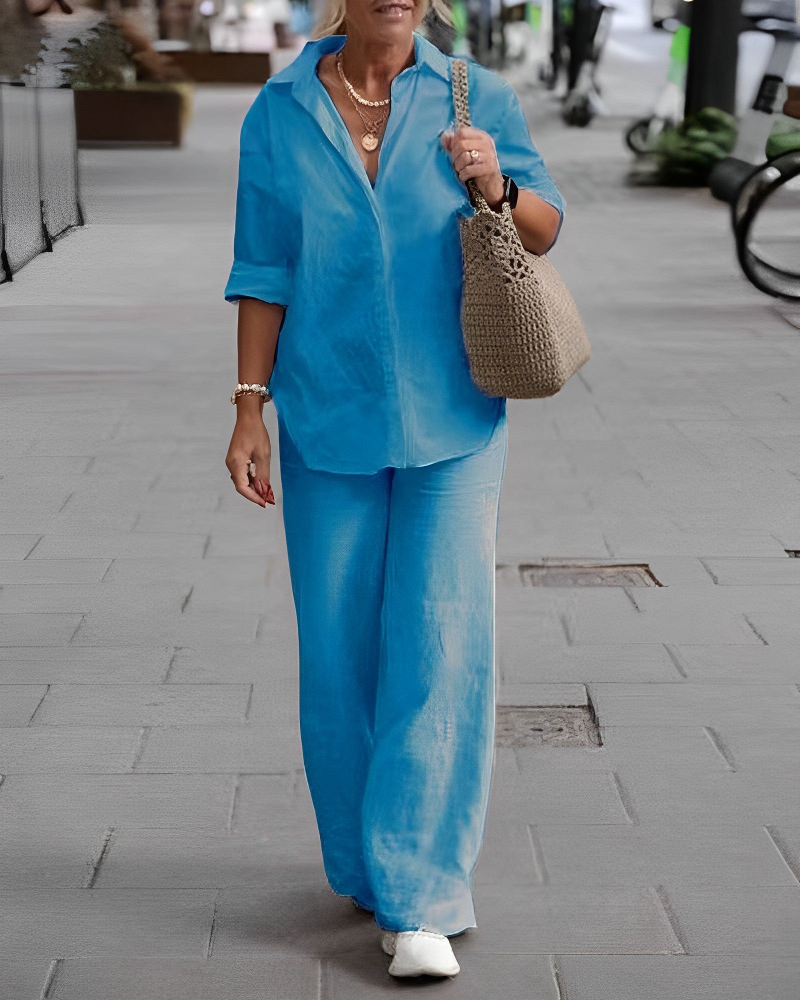 Linnen set | Lange mouwen | Wijde pijpen | Tweedelige set | Dameskleding-Boutique Moda