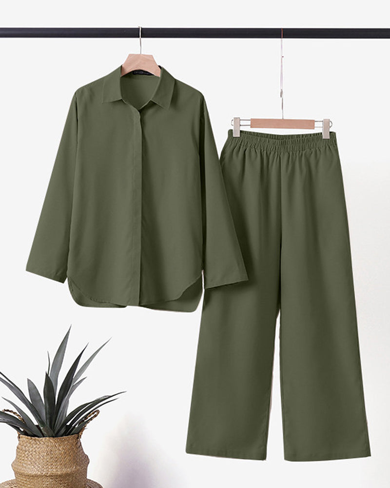 Linnen set | Lange mouwen | Wijde pijpen | Tweedelige set | Dameskleding-Boutique Moda