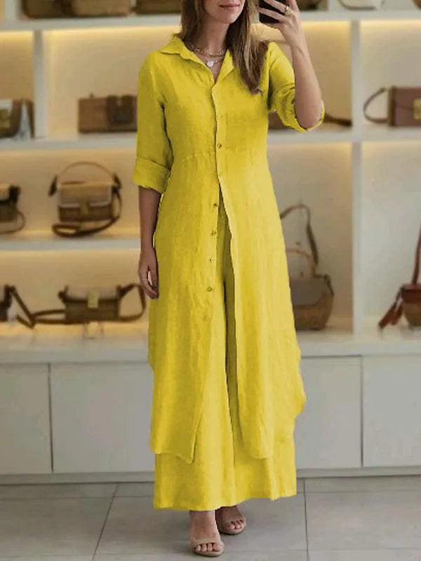 Linnen tweedelige set - Lange damesblouse en wijde broek-Boutique Moda