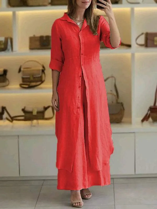 Linnen tweedelige set - Lange damesblouse en wijde broek-Boutique Moda