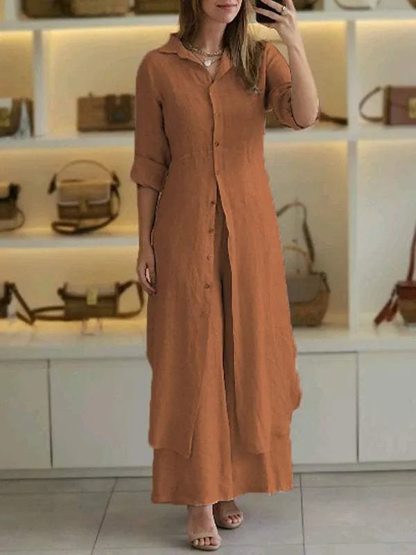 Linnen tweedelige set - Lange damesblouse en wijde broek-Boutique Moda