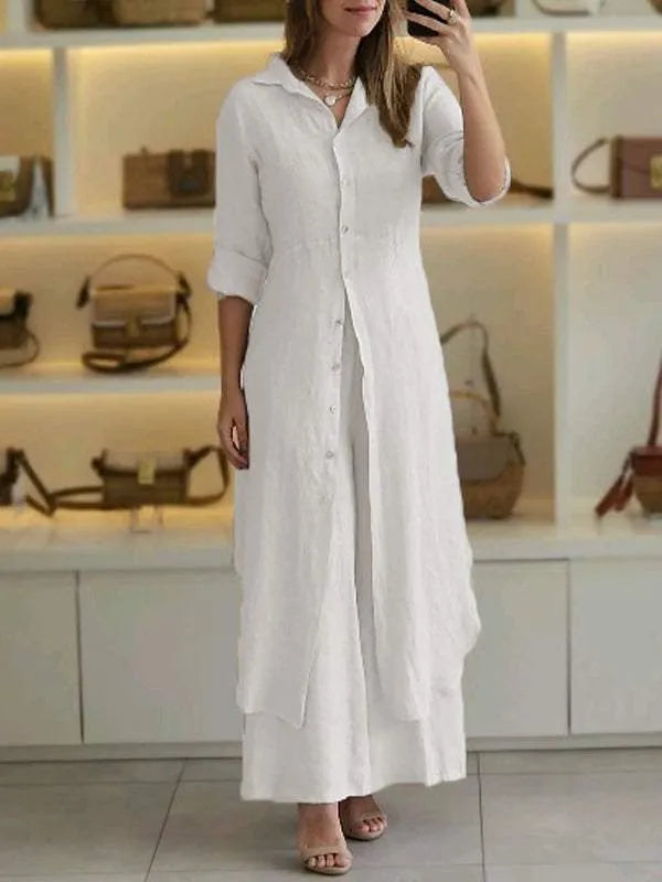 Linnen tweedelige set - Lange damesblouse en wijde broek-Boutique Moda