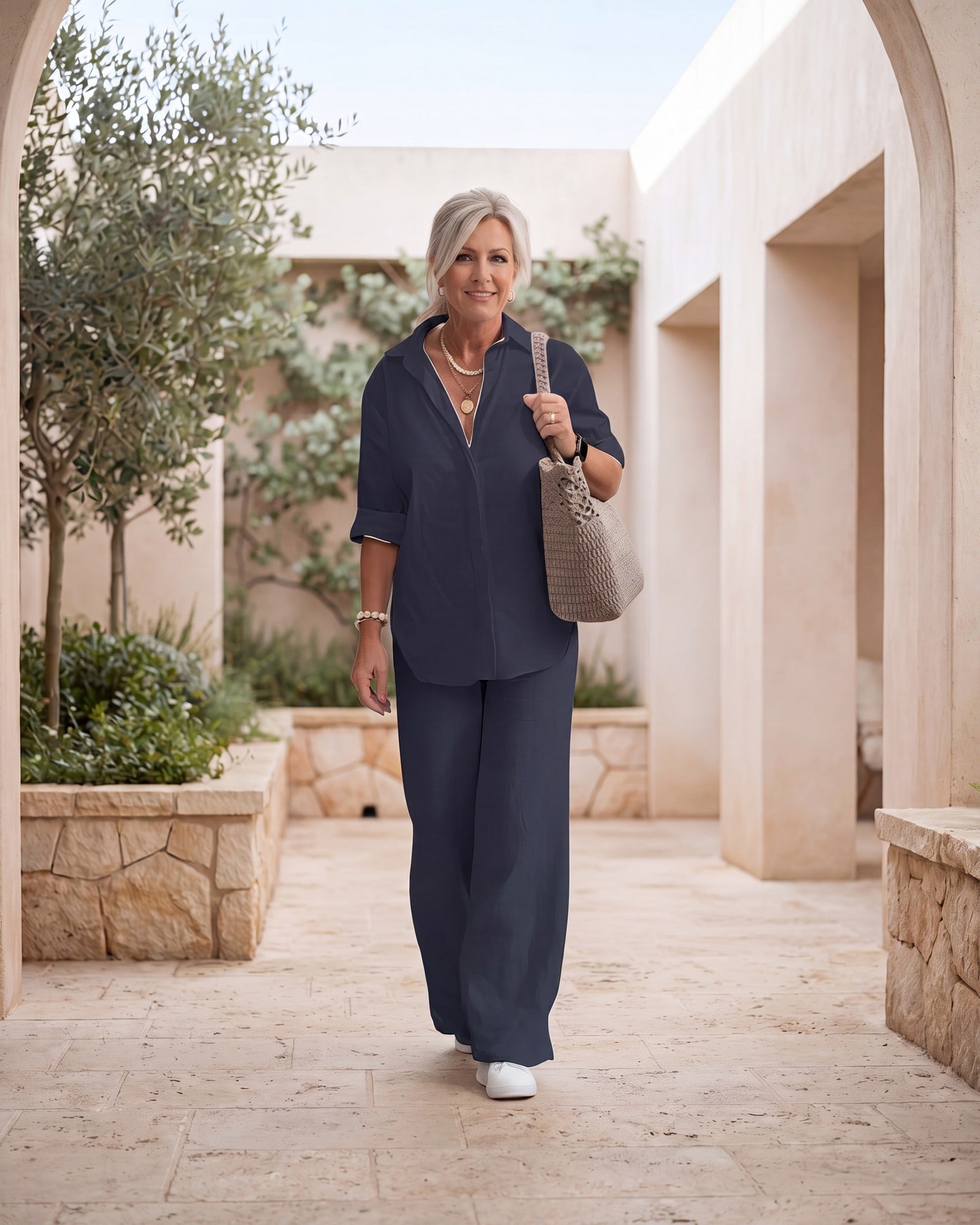 Linnen tweedelige set - losvallende zomerset voor dames-Boutique Moda