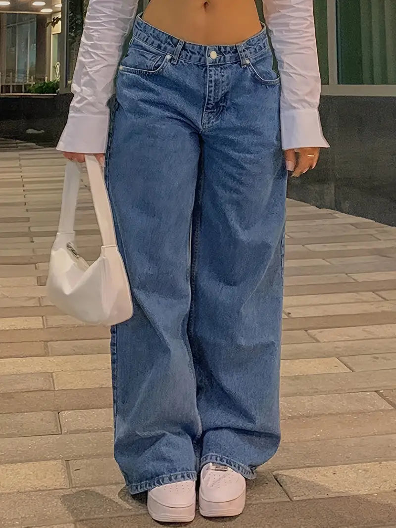 Losse jeans - Blauwe baggy jeans met lage taille voor dames-Boutique Moda