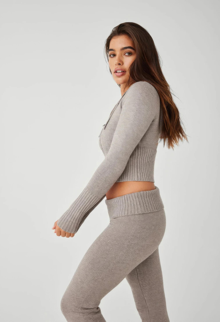 Lounge Set | Zip-Up | Capuchon | Gebreide Tweedelige Set | Dames Loungewear-Boutique Moda