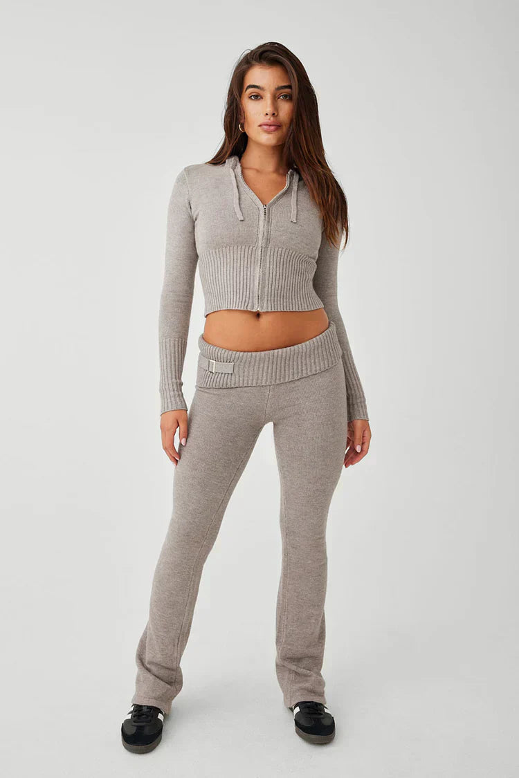 Lounge Set | Zip-Up | Capuchon | Gebreide Tweedelige Set | Dames Loungewear-Boutique Moda