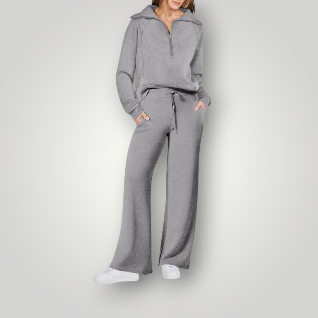Loungewear-set - Dames trainingspak met wijde pijpen en halve rits-Boutique Moda