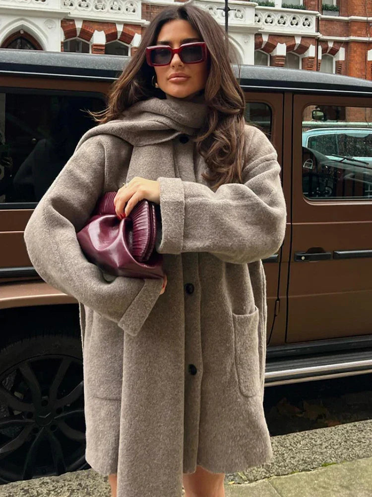 Mantel met sjaal - Damesjas met oversized enkele borst en halflang model-Boutique Moda