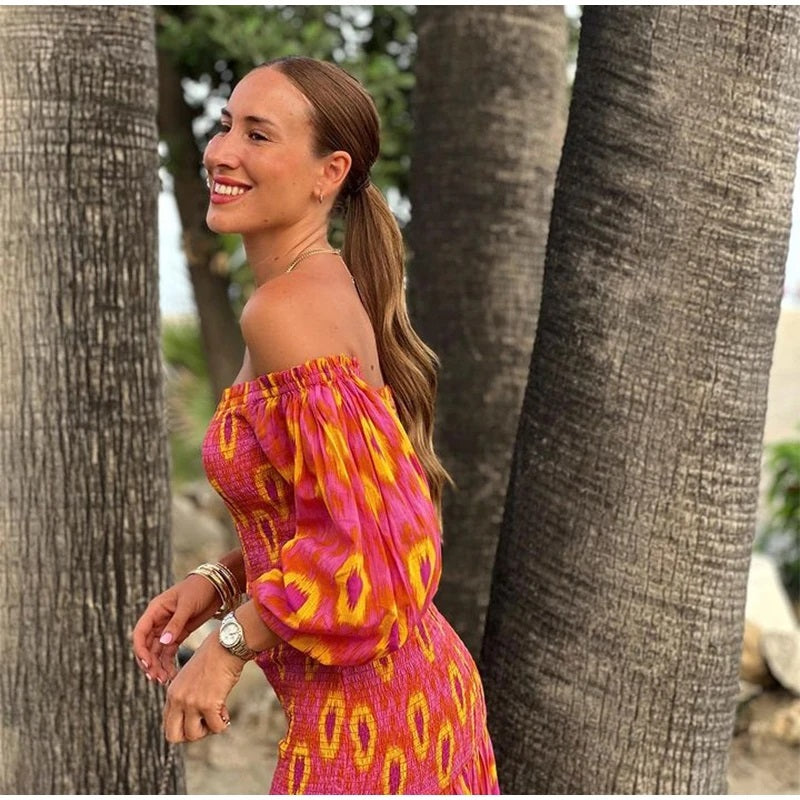 Maxi Jurk - Halve Mouw - Gerimpeld - Off Schouder Jurk - Zomer Jurk-Boutique Moda