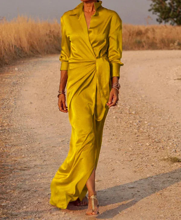 Maxi Jurk - das Taille - Omgeslagen kraag - Jurk met lange Mouwen - Lange Jurk-Boutique Moda