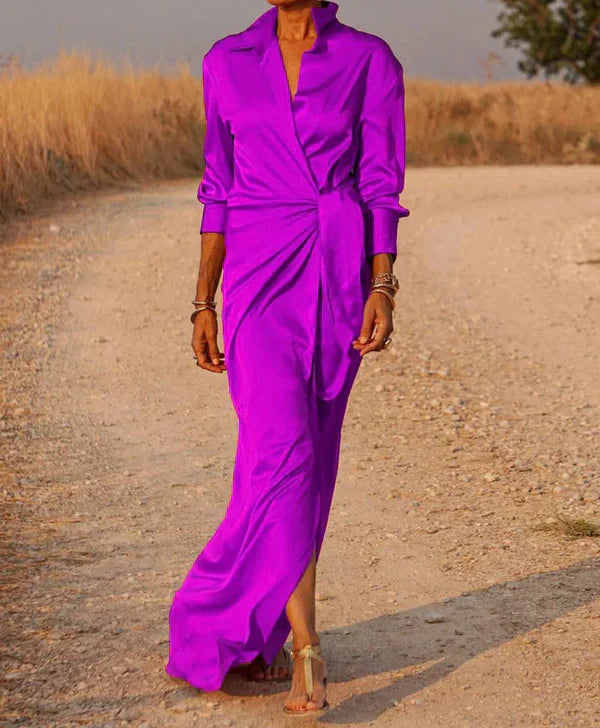 Maxi Jurk - das Taille - Omgeslagen kraag - Jurk met lange Mouwen - Lange Jurk-Boutique Moda