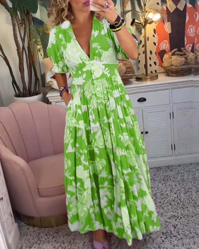 Maxi Zondagjurk - Korte Mouw - V-Hals - Bloemenjurk - Maxi Jurk-Boutique Moda