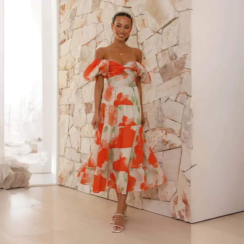Maxi-jurk | Bloemenprint | Pofmouwen | Off-shoulder jurk | Maxi-zomerjurk-Boutique Moda