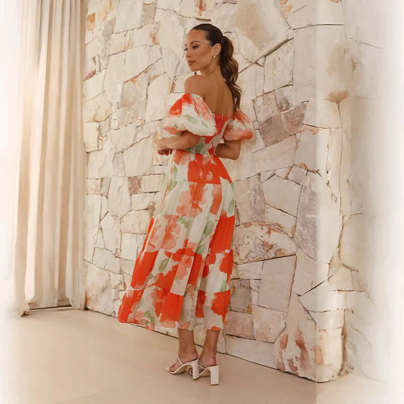 Maxi-jurk | Bloemenprint | Pofmouwen | Off-shoulder jurk | Maxi-zomerjurk-Boutique Moda