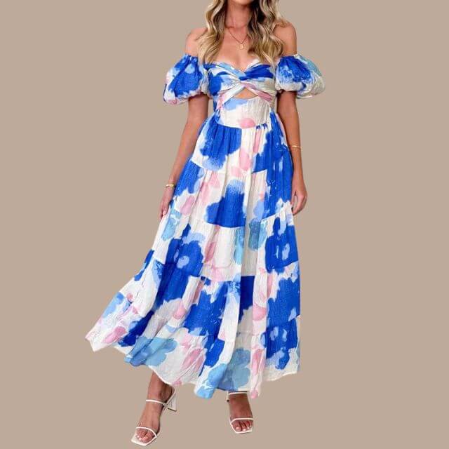 Maxi-jurk | Bloemenprint | Pofmouwen | Off-shoulder jurk | Maxi-zomerjurk-Boutique Moda